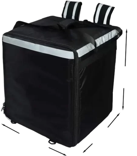 Una bolsa de reparto aislante negra en forma de caja con bandas plateadas reflectantes, asas de transporte y correas de mochila. Este resistente diseño de entrega de mochilas es perfecto para entregas de alimentos o comestibles.