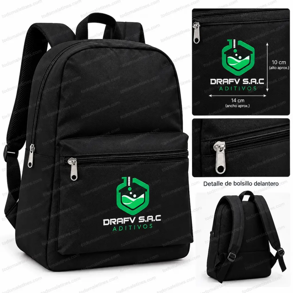 Mochilas Escolares Personalizadas 2027 3 Mochila negra con el logotipo de Drafy S.A.C. Aditivos, bolsillo delantero con cremallera (10 cm x 14 cm) y correas ajustables. Ideal para mochilas escolares personalizadas; el primer plano muestra los detalles del bolsillo y el compartimento con cremallera.